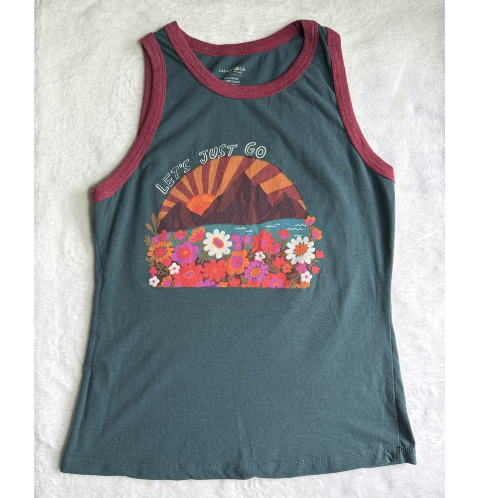 Natural Life Lets Just Go Graphic Ringer Tank Top Teal Mountain Floral Medium - Picture 2 of 4
